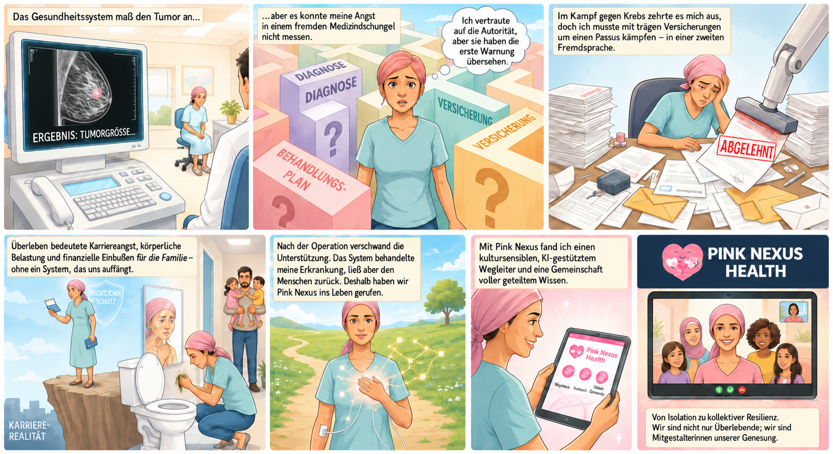 Illustrierte Patientinnenreise von Diagnose, Bürokratie und Alltagsbelastung hin zu verständlicher Information und gemeinschaftlicher Unterstützung durch Pink Nexus Health.